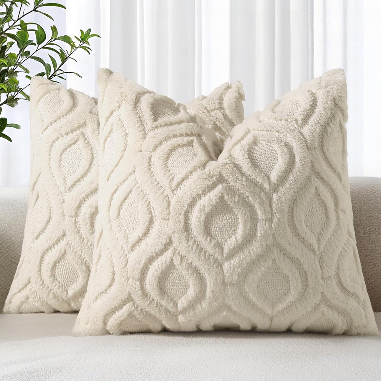Set of 2 Soft Plush Faux Wool Beige Throw Pillow Covers (18x18 Inch)